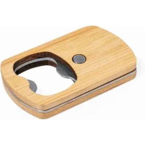 A bottle opener with a bamboo exterior and metal opener. It features a sleek, minimalist design.