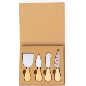 A set of four cheese knives with wooden handles, displayed in a brown cardboard box.