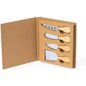 A cheese knife set featuring four stainless steel knives with bamboo handles, presented in a brown cardboard case.