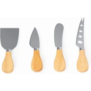 A set of four stainless steel cheese knives with wooden handles, featuring different blade shapes for various cheese types.