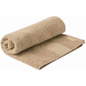 A rolled beige towel with a textured surface and a flat section, featuring a small branding label.