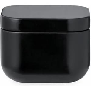 A black, rounded storage container with a smooth finish and a lid. It has a contemporary design.