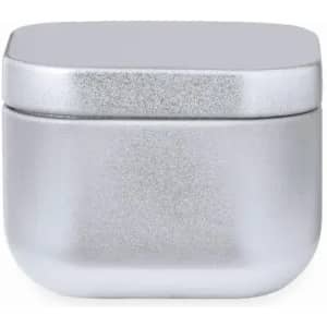 A silver storage container with a smooth metallic finish and a slightly rounded, flat lid.