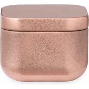 A rose gold storage container with a square lid and a smooth metallic finish. It features a simple, modern design.