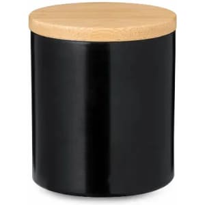 A cylindrical container with a black body and a natural wood lid. It features a smooth finish and a simple design.