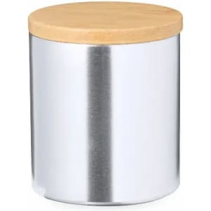 A silver cylindrical container with a bamboo lid. The container features a shiny metallic finish.