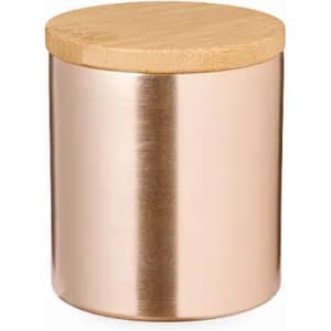 A storage jar with a shiny rose gold finish and a bamboo lid. The jar has a smooth, cylindrical shape.