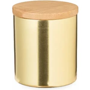 A gold cylindrical container with a smooth surface and a wooden lid on top. It features a logo.