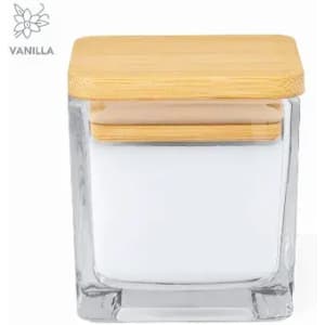 A clear glass jar with a bamboo lid, containing a white substance, likely scented vanilla.