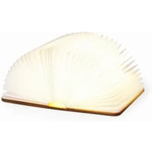 A book-shaped lamp with a warm glow, featuring a wooden cover and foldable pages that fan out.