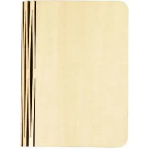 A wooden notebook featuring a smooth cover with vertical lines and rounded edges, crafted in natural wood tones.