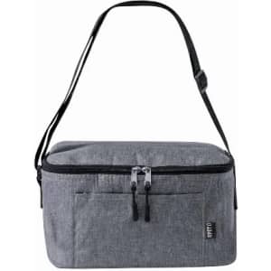 A grey insulated lunch bag with a shoulder strap and a front pocket, featuring a zipper closure and branding.