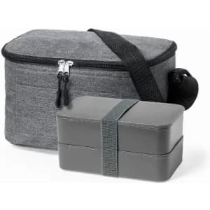A grey insulated bag with a shoulder strap, accompanied by a two-tier grey lunch container secured with an elastic band.