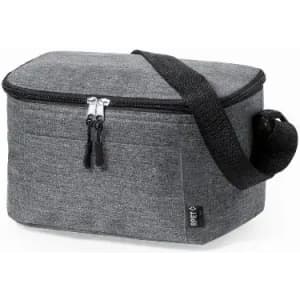 A grey insulated lunch bag with a zip closure and an adjustable shoulder strap. It features a small pocket on the side.