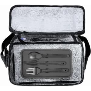 A black insulated lunch bag with a silver interior, featuring a tray of black utensils inside.