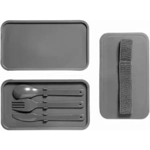 A reusable cutlery set in grey featuring a knife, fork, and spoon, stored in a matching container with a strap.