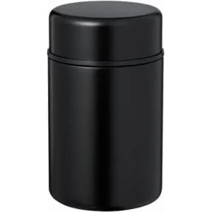 A black drink bottle with a cylindrical shape and a screw-on lid, featuring a simple design and branding.