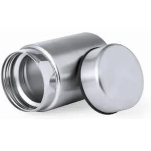 A drink bottle with a silver stainless steel finish and a removable lid, featuring a sleek design.