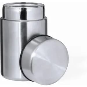 A drink bottle in silver stainless steel with a cylindrical shape and a rounded cap. It features a logo.