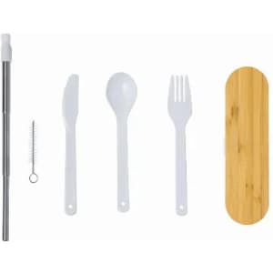 A reusable cutlery set featuring a stainless steel straw, cleaning brush, and white utensils, presented in a bamboo case.
