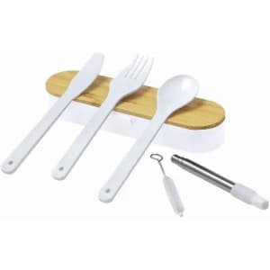 A set of white utensils consisting of a knife, fork, and spoon, alongside a bamboo holder and a metal straw cleaner.