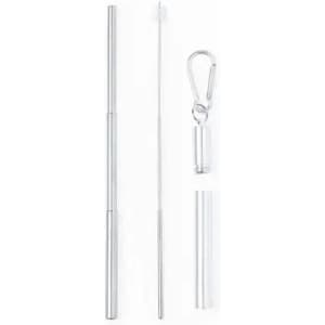 A drink bottle straw set in silver, featuring a collapsible straw, cleaning brush, and carrying case with a clip.