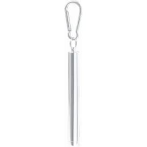 A silver pen with a clip attached, suitable for carrying on a keychain or bag.