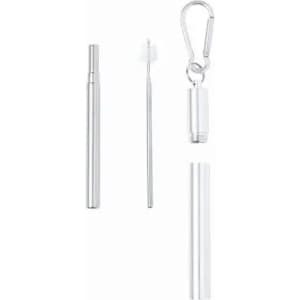 A drink bottle in silver, featuring a sleek design with a carabiner and removable components for cleaning.