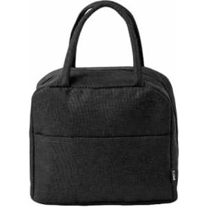 A black insulated bag with two handles and a front pocket, featuring a logo on the side.