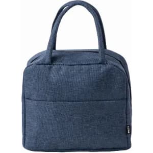 A dark blue bag with handles featuring a textured fabric. It has a front pocket and a logo on the side.
