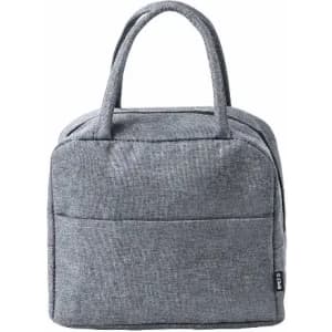 A grey tote bag with two handles and a zippered opening, featuring a front pocket. It has a simple, modern design.