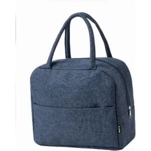A bag in dark blue fabric with two handles, featuring a zip closure and a front pocket. It has a logo on the side.