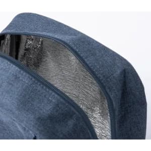 A blue insulated bag with a metallic inner lining and a zip closure. It has a simple design without visible branding.