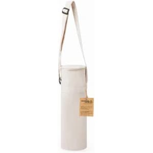 A drink bottle carrier in light beige, featuring an adjustable strap and a tag for details.
