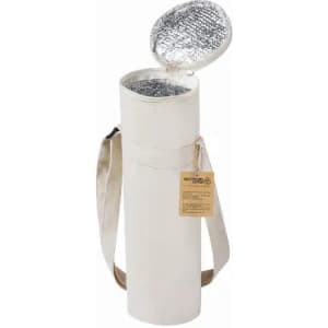 A drink bottle carrier with a silver insulated interior and a cream exterior, featuring a shoulder strap and a lid.
