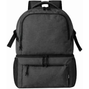 A black backpack with multiple compartments and adjustable straps, featuring a logo on the front.
