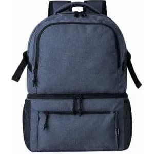 A navy blue backpack featuring multiple compartments and a logo. Ideal for everyday use or travel.