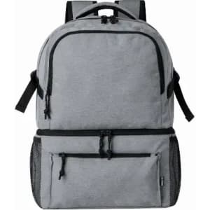 A grey backpack featuring multiple compartments and mesh side pockets, with adjustable shoulder straps.