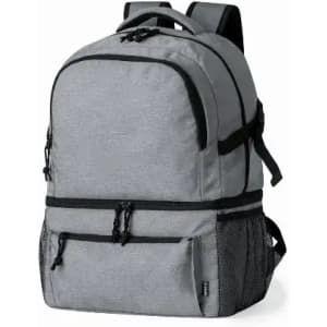 A grey backpack with multiple compartments and adjustable straps, featuring a mesh side pocket.