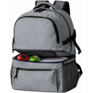 A grey backpack with a large main compartment, featuring mesh pockets and two apples visible in the lower section.