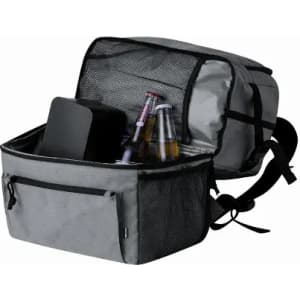 A grey insulated backpack cooler with a zippered compartment, holding several drink bottles and a black container.
