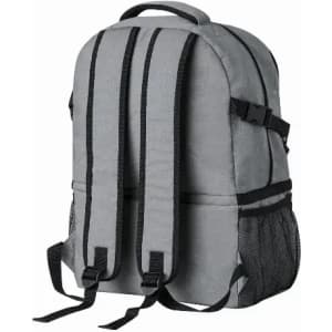 A grey backpack with black straps and mesh side pockets. It features a curved design and a top handle.