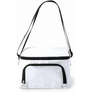 A cooler bag in white with a black zipper and strap, featuring a front pocket and a square shape.