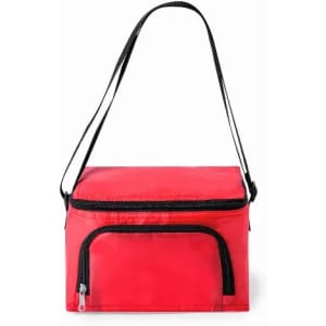 A red cooler bag with a zippered top and a front pocket, featuring a black strap and black accents.