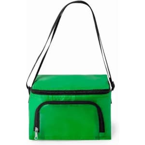 A green insulated cooler bag with a black zipper and adjustable shoulder strap. It has an exterior pocket.