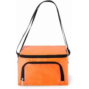 An orange insulated lunch bag with a zippered main compartment and a front pocket, featuring a black strap.