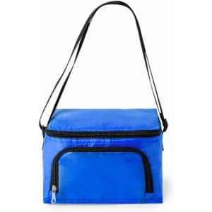 A blue insulated bag with a zipper top and a front pocket, featuring a long black strap for carrying.