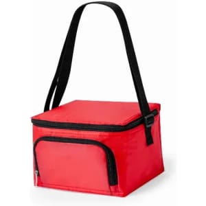 A red insulated lunch bag with a zippered top and a front pocket, featuring a black adjustable strap.