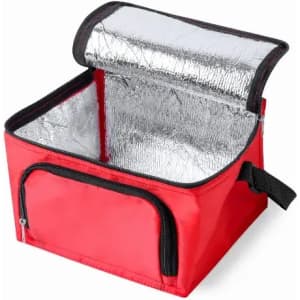 A red promotional cooler bag with silver insulated lining and a zippered front pocket.