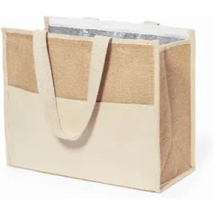 A tote bag in beige and natural jute with a silver insulated lining and sturdy handles.